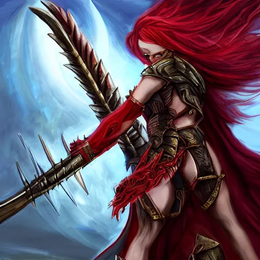 Image similar to fantasy concept art, ( ( winged ) ) ( red hair woman ) ( flaming sword ) ( ( ( plate armor ) ) ) ( ( ( ( devilish smile ) ) ) ), 4 k, painting