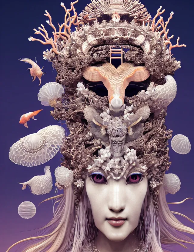 Image similar to 3 d goddess close - up portrait with crown, ram skull. beautiful intricately detailed japanese crow kitsune mask and clasical japanese kimono. betta fish, jellyfish phoenix, bioluminescent, plasma, ice, water, wind, creature, artwork by tooth wu and wlop and beeple and greg rutkowski