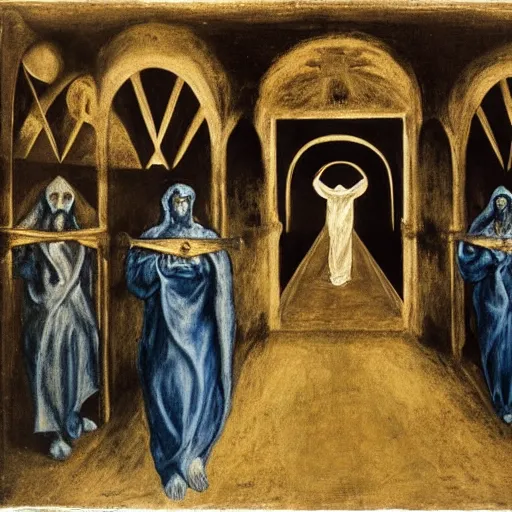 Prompt: A Holy Week procession of four souls in a Spanish landscape at night. A figure at the front holds a cross. El Greco, Remedios Varo, Salvador Dali, Carl Gustav Carus, John Atkinson Grimshaw. Blue tint. Symetrical, logo, geometric shapes.