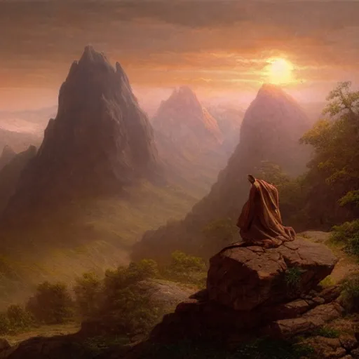 Prompt: an ultradetailed matte landscape painting of a large mountain made into a sculpture of a woman, sunrise on the horizon in the background, stone hand raised up, 8 k, art by greg rutkowski and albert bierstadt