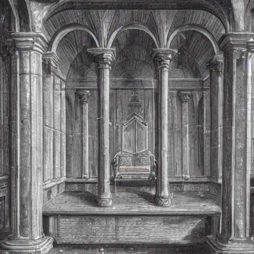 Prompt: ruins of a medieval throne room with all seats replaced by people encased in crystal, perspective from the entrance, dark