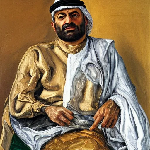 Prompt: high quality high detail painting by lucian freud, hd, portrait of rich arab guy