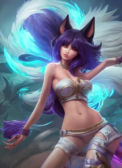 Image similar to ahri, league of legends, hyper detailed, digital art, trending in artstation, cinematic lighting, studio quality, smooth render, unreal engine 5 rendered, octane rendered, art style by klimt and nixeu and ian sprigger and wlop and krenz cushart