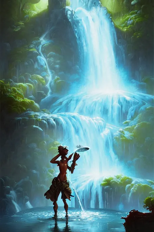 Prompt: water faucet person dnd character with a waterfall behind them by peter mohrbacher, basquiat