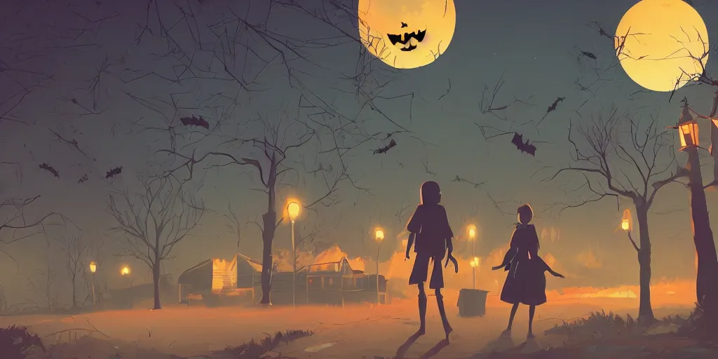 Prompt: spooky halloween wallpaper, digital art by james gilleard and makoto shinkai