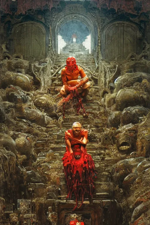 Image similar to full length portrait of crablike demonic king sitting on subterranean throne, tiny servants offer him fruit, dynamic, painted by ruan jia, lawrence alma tadema, zdzislaw beksinski, norman rockwell, jack kirby, tom lovell, alex malveda, greg staples, hand of fear, bbc, tv