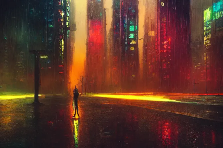 Image similar to city slow exposure, rain like a dream, oil painting, cinematic, surreal, dramatic, otherworldly, dreamlike, soft volumetric lighting, cyberpunk, basquiat + moebius + francis bacon + gustav klimt + beeple, elevated street art, fantasy lut, textural,