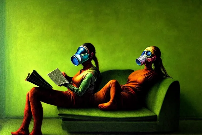 Image similar to hyper realistic girl with wearing a gas mask lying on the sofa reading a book in her room, in the style of beksinski, solarpunk, exact anatomy, atmospheric, clean, intricate and epic composition, green by caravaggio, insanely quality, highly detailed, masterpiece, blue light, artstation, 4 k