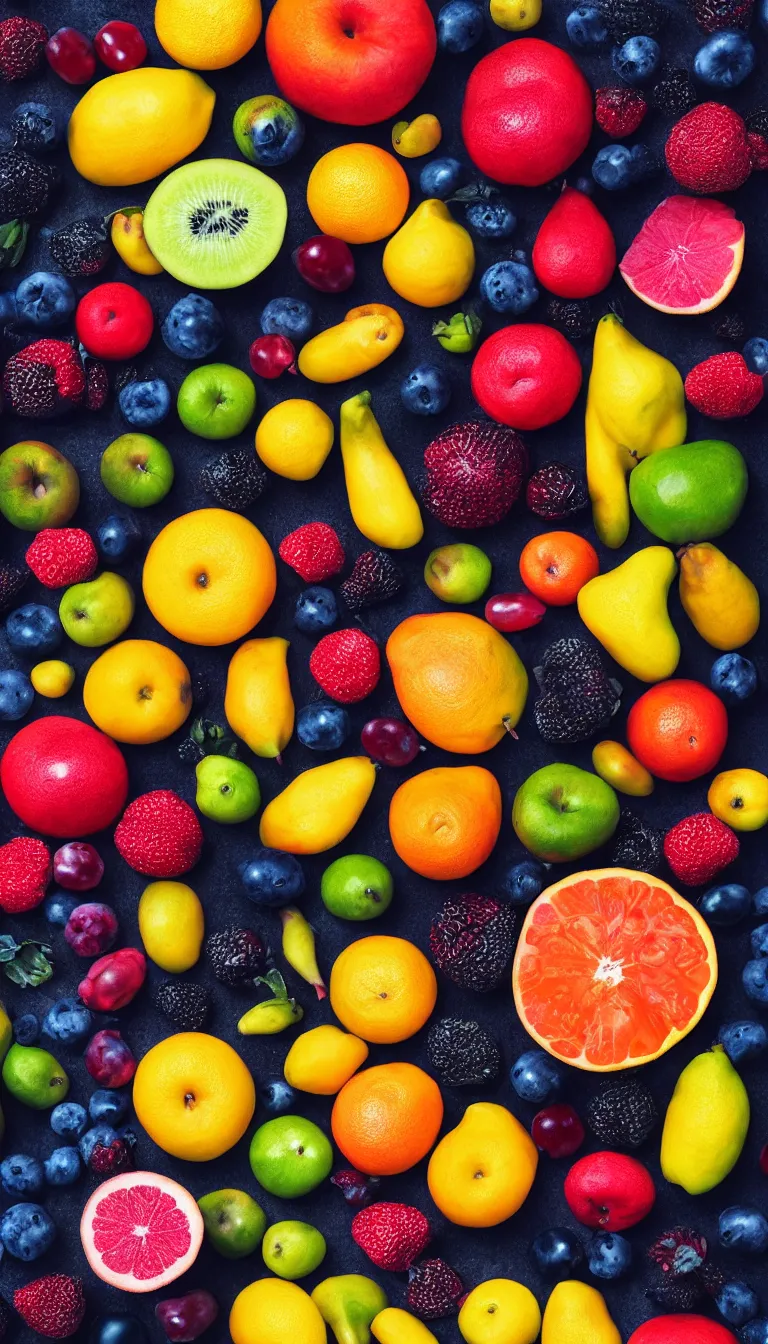 Prompt: high quality product photography of colorful multiple fruits, volumetric dramatic light, dark black background, sharp focus, highly realistic, octane render, art by greg rutsowski