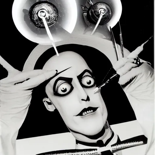 Image similar to a high quality product photo ad of klaus nomi with a technical reed rollerball pen exacto knife by junji ito and joseph cornell, ethereal eel made in switzerland