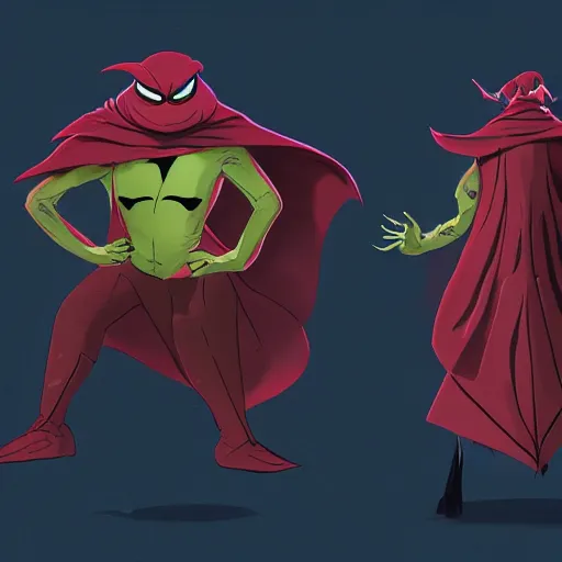 Prompt: concept art character with a vampire squid head and cape that is tall and thin character sheets that focuses on an ocean setting with help from lead artist Andy Suriano for a new episode of rise of the teenage mutant ninja turtles on nickelodeon that is trending on art station comic book dots with chromatic aberration