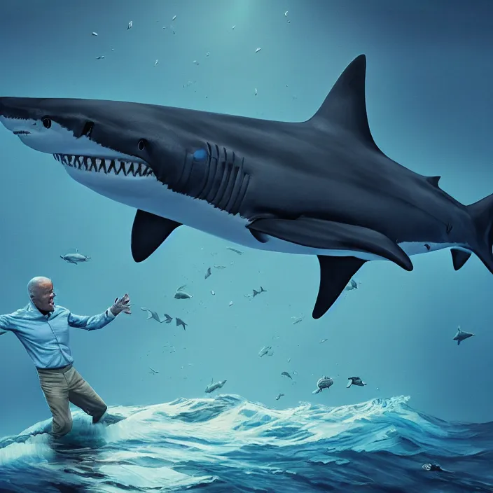 Image similar to portrait of joe biden as a shark. intricate abstract. intricate artwork. by tooth wu, wlop, beeple, dan mumford. octane render, trending on artstation, greg rutkowski very coherent symmetrical artwork. cinematic, hyper realism, high detail, octane render, 8 k, iridescent accents