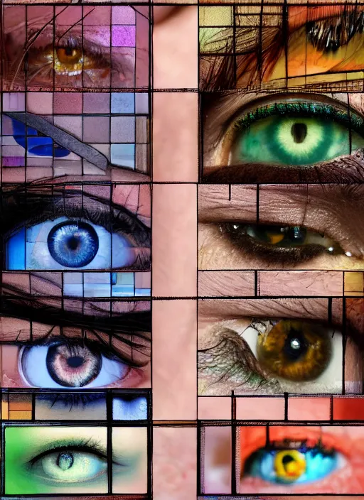 Prompt: grid montage of eyes, detailed colored textures, eyelashes, advanced art, art styles mix, from wikipedia, wet reflections in eyes, sunshine light, hd macro photograph, from side, various eyelid positions, black pupil centered