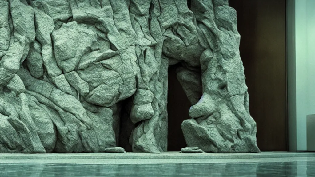 Image similar to the strange creature in line at the bank, made of stone and water, film still from the movie directed by Denis Villeneuve with art direction by Salvador Dalí, wide lens