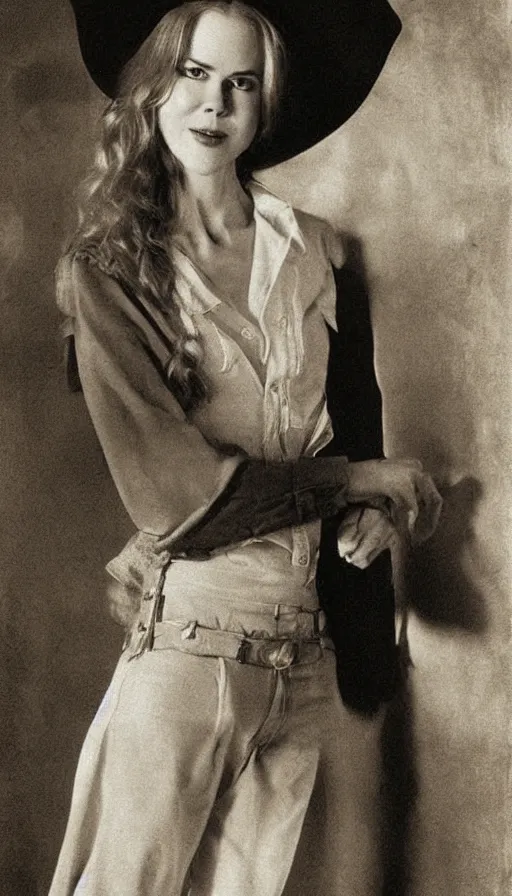 Image similar to Young Nicole Kidman, cowgirl, outlaw, portrait, full body, beautiful face, cute, no long neck, no long anatomy, symmetrical features, silver iodide, 1880 photograph, sepia tone, aged paper, Sergio Leone, Master Prime lenses, cinematic