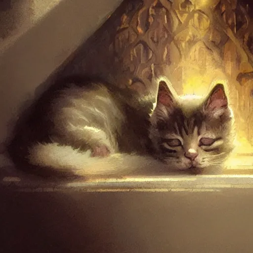 Prompt: A cute kitten sleeping nearby the fireplace, gorgeous, beautiful, intricate, highly detailed, digital painting, artstation, cinematic lighting, concept art, sharp focus, illustration, art by greg rutkowski and alphonse mucha