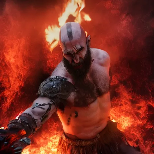 Image similar to film still of kratos as a demon in hell in the new lucifer movie, sharp focus, artstation