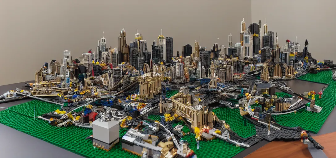 Image similar to detailed lego build of sydney on basement table, professional photo, professional lighting, HDR