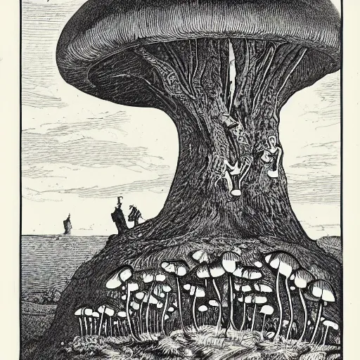 Prompt: 1 9 th century wood - engraving, whole page illustration, art in the style of alex colville, a tiny village carved into the side of a tree, inhabited by elves and faeries, the outside lights are bioluminescent mushrooms and fungi intricately detailed