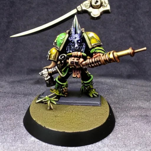 Prompt: warhammer 4 0 k kroot warrior holding a long rifle with a bird of prey perched on it, product photo