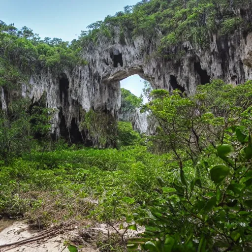 Image similar to an ancient city near jagged peaks next to a mangrove swamp with luch caves near the ocean with a ruined portal nearby