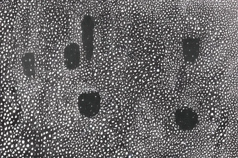 Image similar to teeth, smile, faceless people, black figures, dark, acrylic, clay, dots abstract, dripping, stipple, pointillism, technical, abstract, minimal, style of francis bacon, asymmetry, pulled apart, stretch, cloak, eerie, made of dots, abstraction chemicals, blotter, mask, colored dots, splotch, old painting style