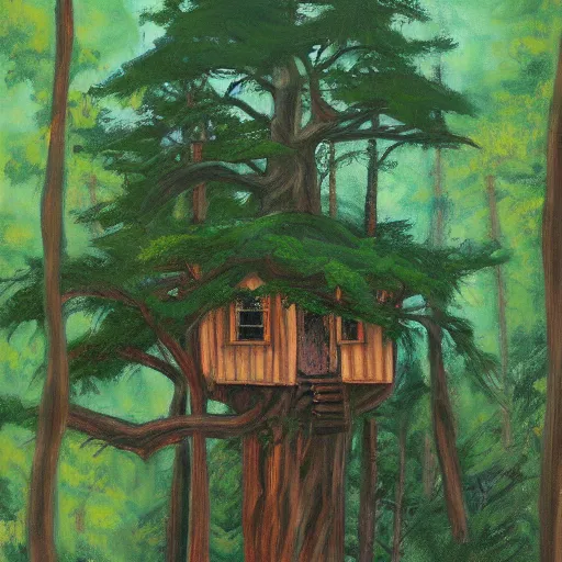 Prompt: treehouse in a wild forest, painting by bob ross