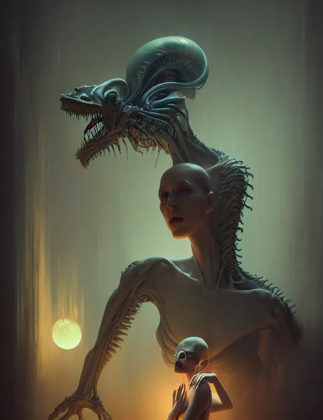 Prompt: ultra realist muted colors horror painting of a dimly lit attractive alien female next to a hellish creature, very intricate details, focus, model pose, full frame image, artwork by tooth wu and wlop and beeple and greg rutkowski, award winning