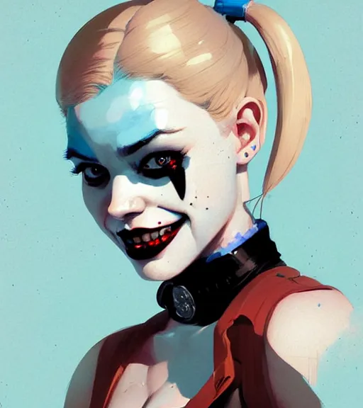 Prompt: portrait of harley quinn by atey ghailan, by greg rutkowski, by greg tocchini, by james gilleard, by joe fenton, by kaethe butcher, dynamic lighting, gradient light blue, brown, blonde cream and white color scheme, grunge aesthetic