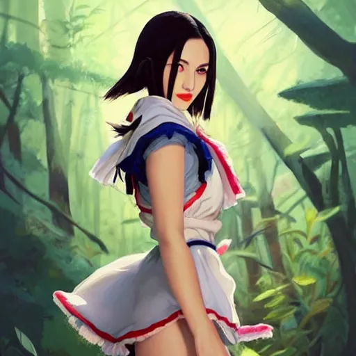 Image similar to a beautiful young japanese natalie portman alluring gravure model, stylized concept art, wearing elegant designer overalls, elegant overalls with mesoamerican patterns, mesoamerican native street fashion, princess mononoke, painted by jamie hewlett and ashley wood and mike mignola, aesthetic, gorgeous, stunning, alluring, attractive, artstation, pinterest, digital art