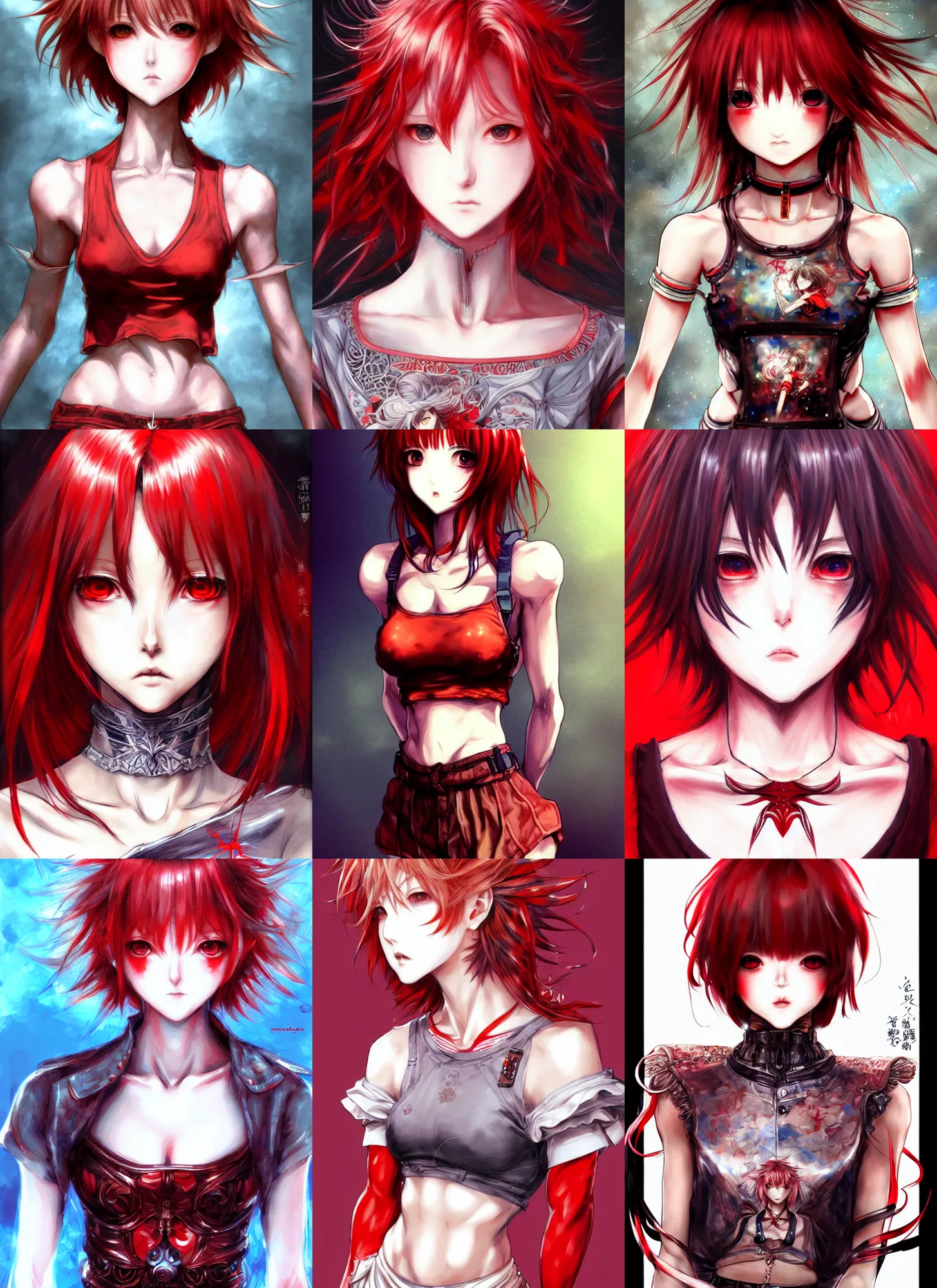 Prompt: !! fullbody yoshitaka amano and ayami kojima gorgeous anime girl symmetrical face, short red hair, crop top, shorts, hyper detailed, character concept, intricate, elegant, digital painting, artstation, smooth, sharp focus