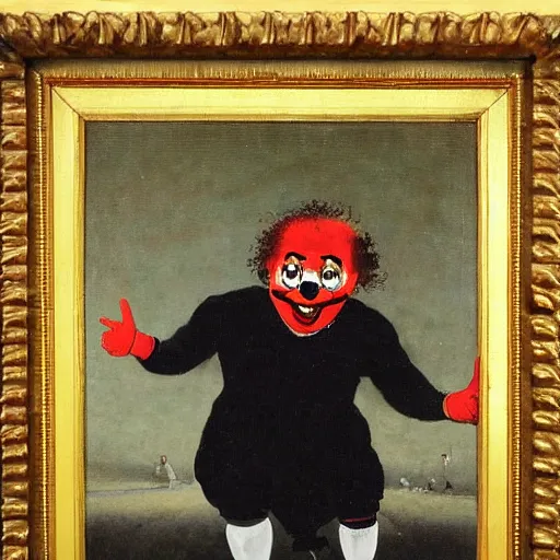 Image similar to an oil painting of a clown watching soccer on tv, goya, dark,