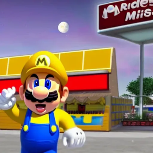 Prompt: A realistic Super Mario ordering a burger from a futuristic mc Donalds drive thru on the surface of the moon