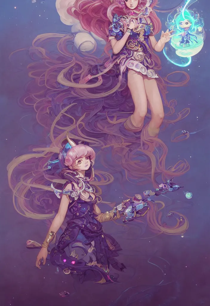 Image similar to full body picture of an maximalist dress magical girl, neat hair with bangs, smug face, extremely beautiful and aesthetic and detailed cute face and eyes, wipe out evils with cute astronaut familiar sprites, aming the magical beams to the camera, chiaroscuro, intricate, masterpiece, epic fantasy illustrations by peter mohrbacher and anato finnstark and jeremy lipking