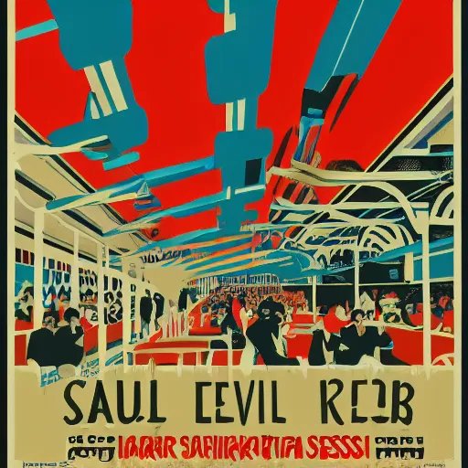 Prompt: poster of a hawker centre designed by saul bass