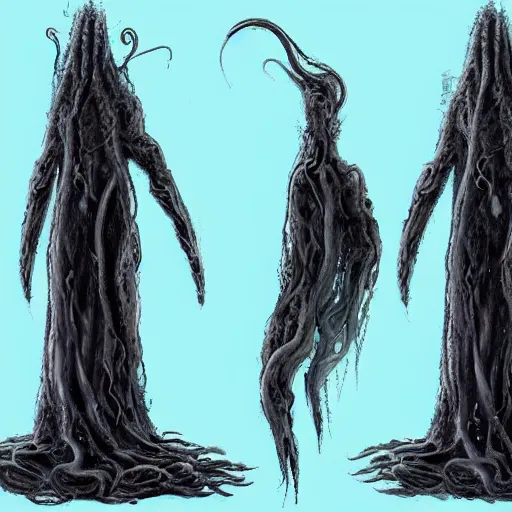 Image similar to concept designs for an ethereal wraith like figure with a squid like parasite latched onto its head and long tentacle arms that flow lazily but gracefully at its sides like a cloak while it floats around a forgotten kingdom in the snow searching for lost souls and that hides amongst the shadows in the trees, this character has hydrokinesis and electrokinesis for the resident evil village video game franchise with inspiration from the franchise Bloodborne and the mind flayer from stranger things on netflix