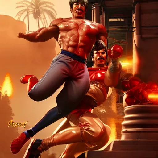 Image similar to freddy mercury as ken street fighter, uppercut, ultra realistic, concept art, intricate details, highly detailed, photorealistic, octane render, 8 k, unreal engine, art by frank frazetta, simon bisley, brom