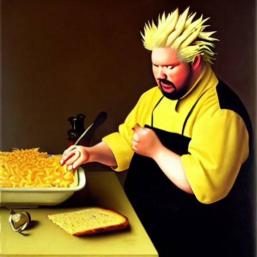 Image similar to a portrait of guy fieri making a greasy macaroni and cheese sandwich, by vermeer, portrait, royal, oil on canvas