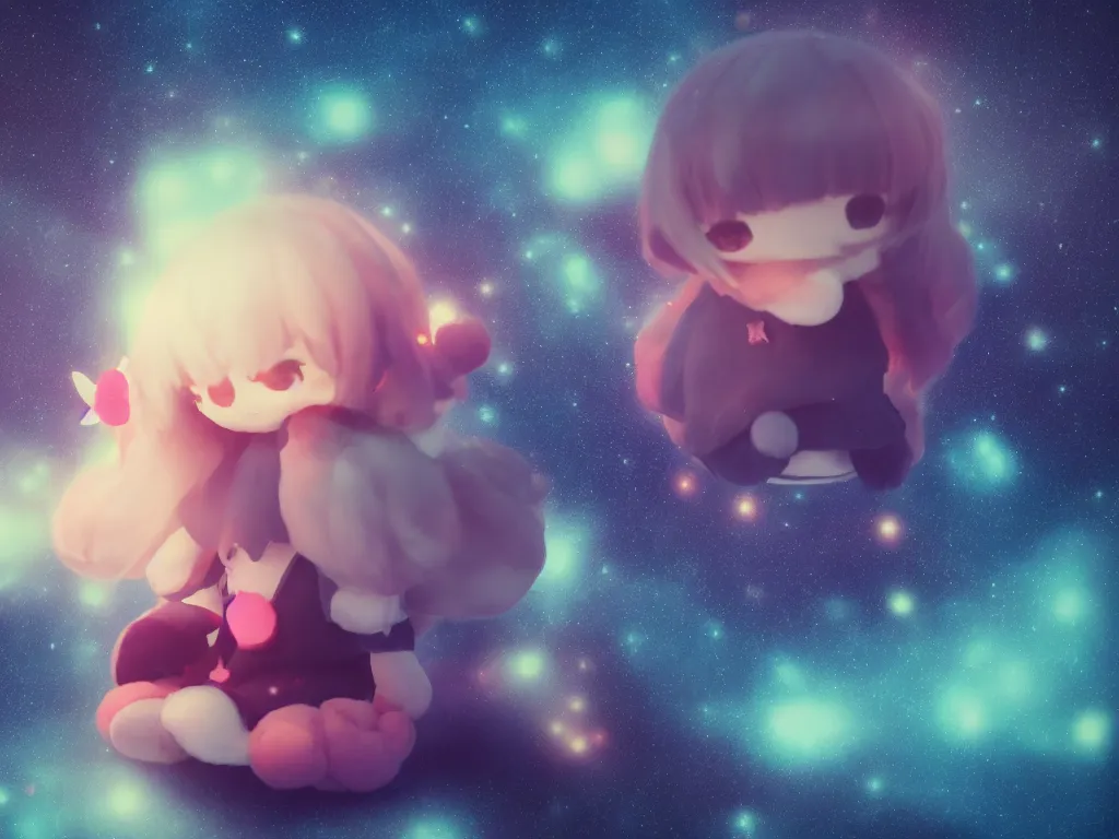 Prompt: cute fumo plush girl sitting on a small island floating in the dark galactic abyss, vignette, bokeh, vray