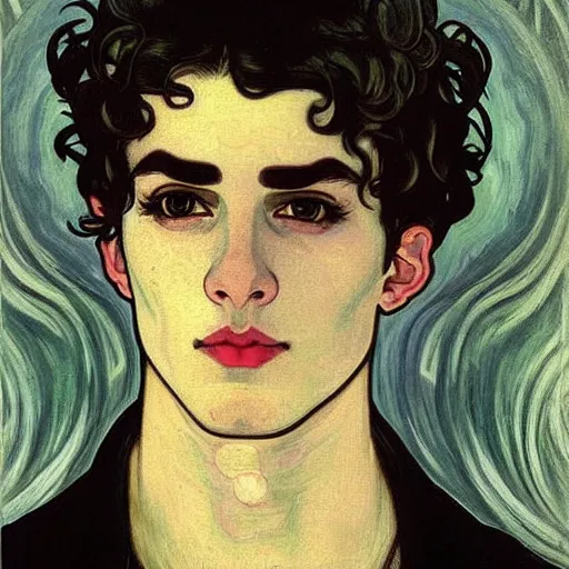 Image similar to painting of young cute handsome beautiful dark medium wavy hair man in his 2 0 s named shadow taehyung at the halloween matcha party, somber, depressed, melancholy, sad, elegant, clear, painting, stylized, delicate, soft facial features, delicate facial features, soft art, art by alphonse mucha, vincent van gogh, egon schiele