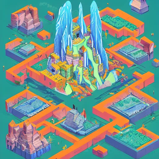 Image similar to isometric fantasy art of a giant waterfall city with tall skybridges and turrets, bold colors, detailed
