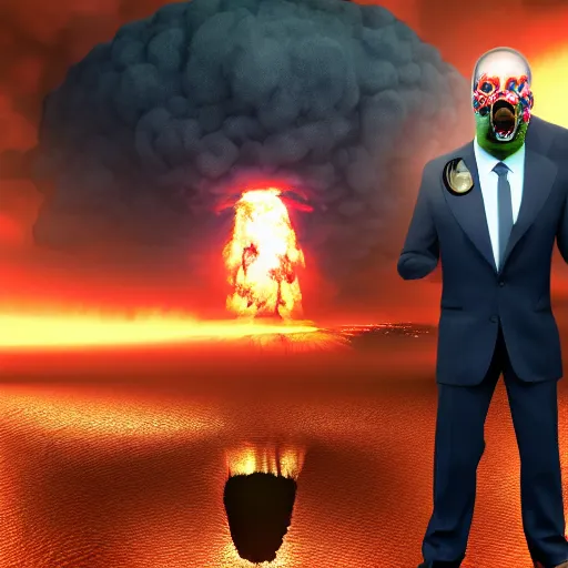 Prompt: A hyperrealistic 3D render of a nuclear explosion reflected in the bleeding eyes of a man in a suit smoking a cigar