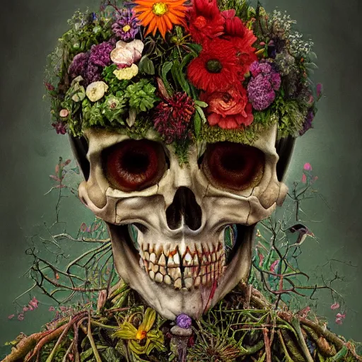 Prompt: 'Life from death' A beautiful detailed aesthetic horror full body portrait painting depicting 'A complete skeleton with plants and flowers growing all over it, birds and insects flying all around it' by giuseppe arcimboldo and Rembrandt, Trending on cgsociety artstation, 8k, masterpiece, cinematic lighting, vibrant colors.