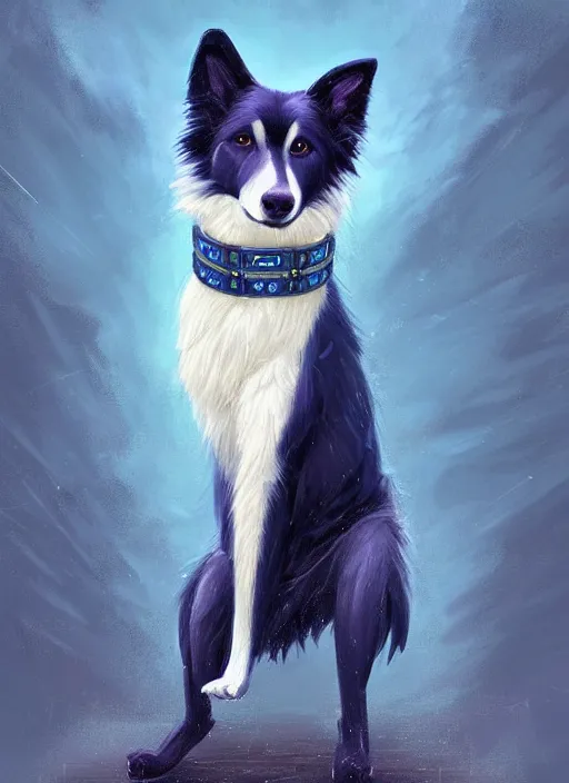 Image similar to full body digital painting of a cute male anthropomorphic border collie fursona wearing a blue dog collar and standing in the rain, furaffinity, intricate, elegant, beautiful, glamor pose, realistic proportions, highly detailed, scenic background, trending on artstation, art by charlie bowater and henry asencio and and ross tran