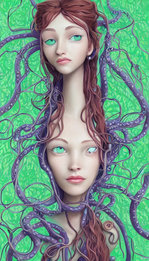 Prompt: very detailed portrait of a 2 0 years old girl surrounded by tentacles, the youg woman visage is blooming from fractal and vines, by pixar concept artists