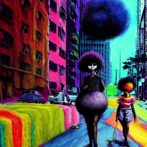 Prompt: a black girl with a colorful afro walking in a cyberpunk street by ralph bakshi, low angle shot, cinematic, colorful, trending on artstation, bright colors, synthwave, watercolor, volumetric wool felting, felt, macro photography, children illustration, by goro fujita