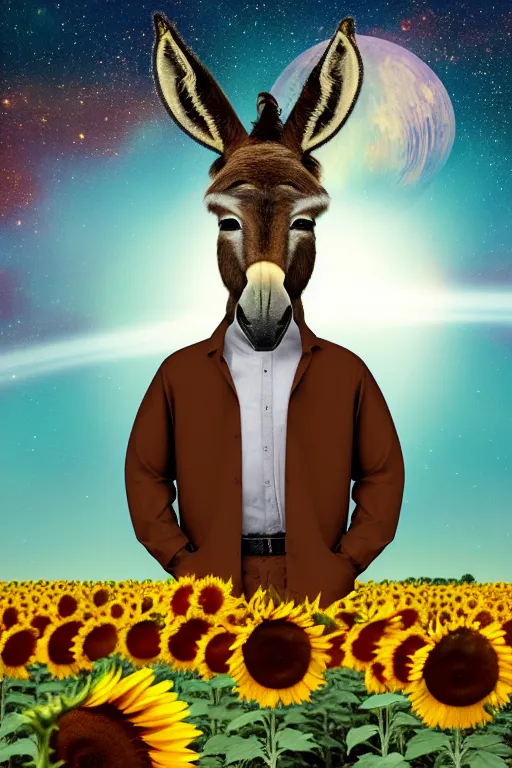 Prompt: a donkey - alien in a brown button - up shirt, hovering in his flying saucer over a planet full of sunflowers, the background is of space full of twinkling little stars