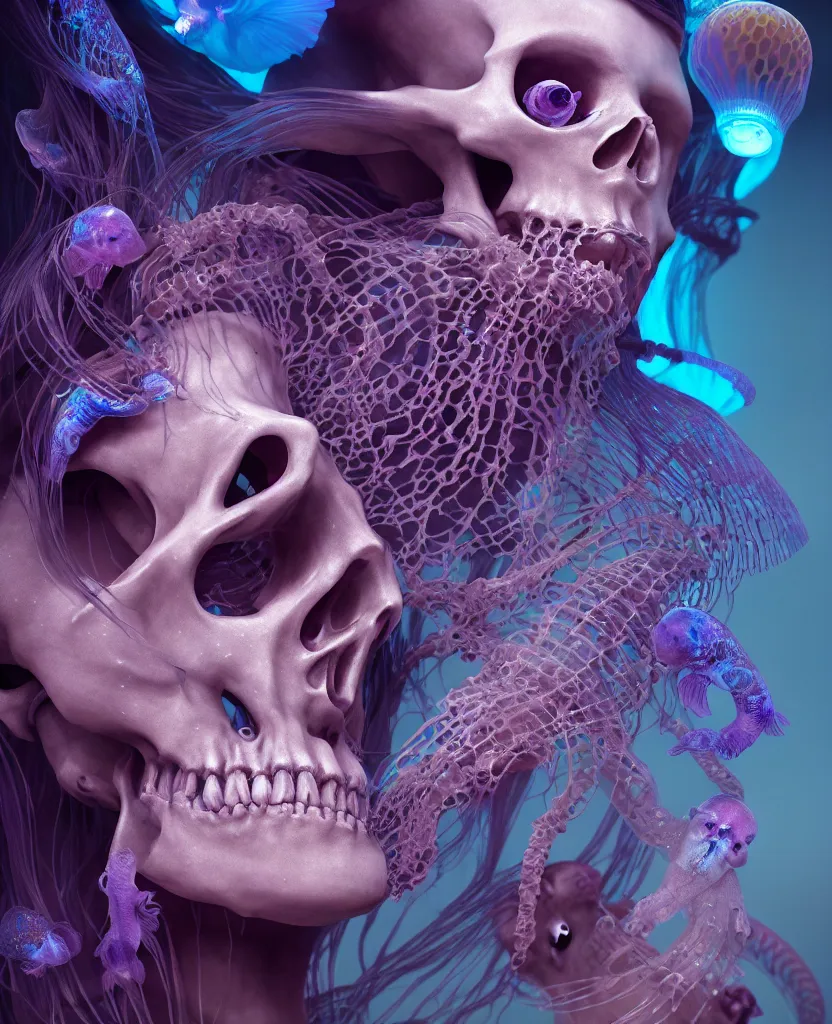 Image similar to goddess close - up portrait human skeleton, ram skull, jellyfish, orchid, betta fish, bioluminiscent, intricate artwork by tooth wu and wlop and beeple. octane render, trending on artstation, greg rutkowski very coherent symmetrical artwork. cinematic, hyper realism, high detail, octane render, 8 k