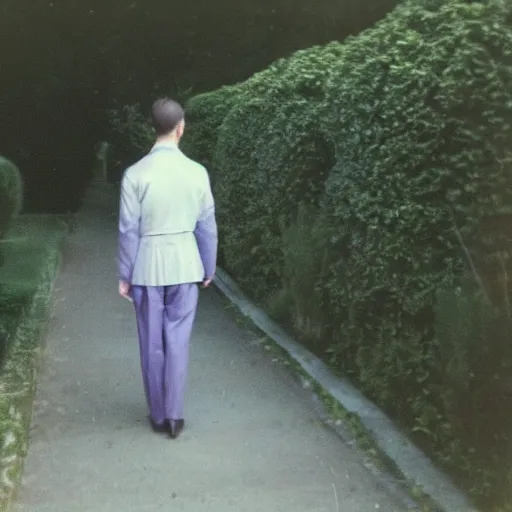 Prompt: an old unclear color-faded photo captured by accident in 1990s about a catman in hotel clerk uniform walk around in a 18th century style garden and smile to the camera, foggy weather atmosphere, spotlight