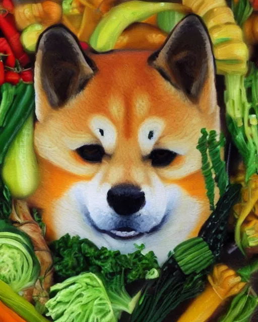 Image similar to shiba made of vegetables, oil painting, portrait